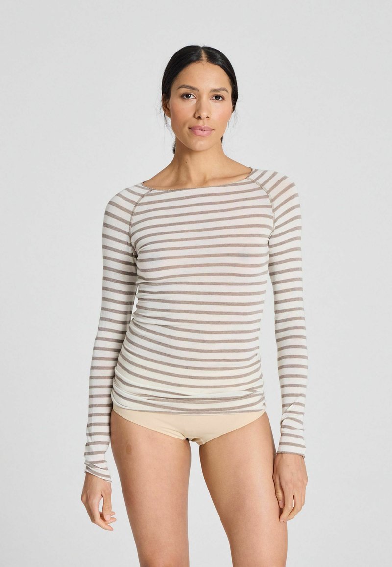 Striped long-sleeve top in light beige and soft taupe, featuring a wide neckline, slim fit, and textured fabric with a smooth finish.