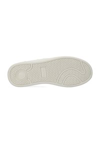 Semelle de chaussure en caoutchouc blanc avec un motif texturé, présentant un design en nid d'abeille et des accents arrondis. Le nom de la marque est estampé sur la semelle.