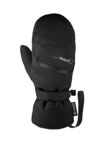 Black insulated mitten with a smooth exterior, textured fabric, adjustable strap, and subtle branding near the cuff. Gore-Tex tag attached.