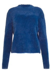 Pull bleu flou avec manches longues, col rond et texture douce ; présente une coupe légèrement raccourcie et un motif côtelé vertical.