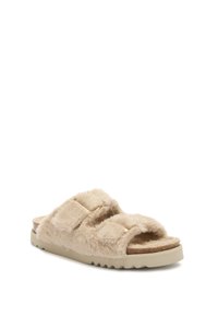 Infradito beige senza lacci con due cinturini regolabili in pelliccia, soletta in sughero e suola in gomma rigata per un look casual.