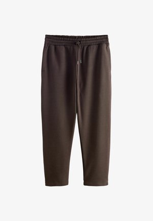 Braune Baumwollmischung-Jogginghosen mit einem elastischen Bund, Kordelzug, Seitentaschen, schmal zulaufenden Beinen und minimalistischem Design.