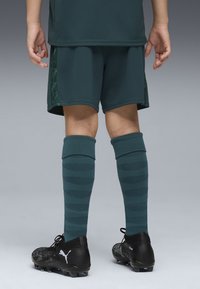 Mörk teal fotbollskit med en strukturerad tröja, matchande shorts och randiga knästrumpor. Svarta fotbollsskor med logotyp och strukturerad finish.