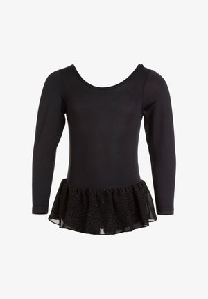 Body noir à manches longues avec une jupe évasée en voile en bas, ornée de pois dorés sur la jupe. Texture lisse, design ajusté.