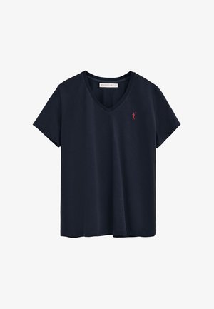 Marineblaue V-Ausschnitt-T-Shirt mit kurzen Ärmeln und kleiner roter Polo-Spieler-Stickerei auf der linken Brust, Etikett mit der Aufschrift "Polo Club".