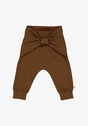 Bruine katoenen broek met een knoopdetail aan de voorkant, smalle broekspijpen en een losse pasvorm. Beschikt over een gladde textuur en rekbaar materiaal voor comfort.