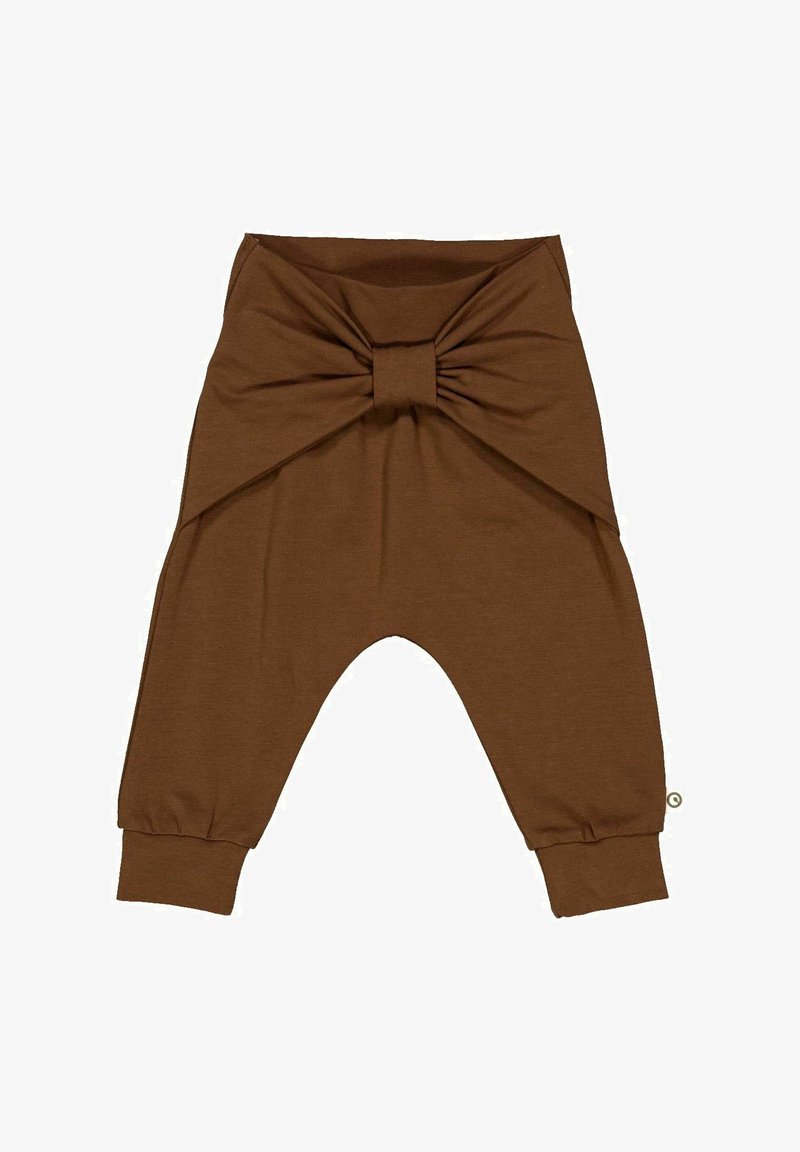 Braune Baumwollhose mit einem Knoten-Detail vorne, schmal zulaufenden Säumen und lockerer Passform. Verfügt über eine glatte Textur und dehnbares Material für zusätzlichen Komfort.