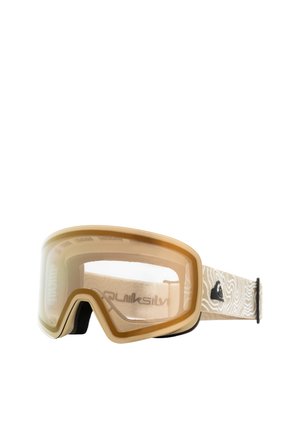 Gouden ski-goggles met een grote, gebogen lens, een beige gestreepte band en zwarte accenten voor een stevige pasvorm. Lichtgewicht ontwerp.