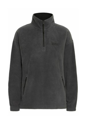 Sudadera de forro polar gris oscuro con cuello de media cremallera, bolsillos laterales con cremallera y un logo en el pecho, con una tela texturizada y suave.