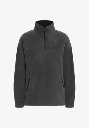 Dark grey fleece pullover with a half-zip collar, side zip pockets, and a logo on the chest, featuring a textured, soft fabric.