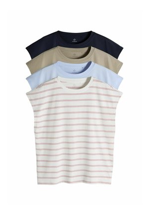 Four short-sleeve t-shirts stacked. Colors: navy, tan, light blue, and white with red stripes. Soft cotton material, round necklines, casual design.