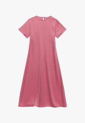 Robe rose à manches courtes en tissu lisse, dotée d'un col rond, d'une fermeture en forme de clé au dos et d'une silhouette évasée.