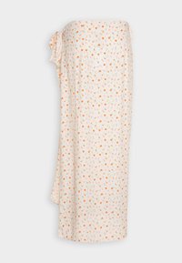Jupe légère de couleur crème avec un motif floral comportant de petites fleurs orange et roses. Se noue sur le côté pour un ajustement réglable.