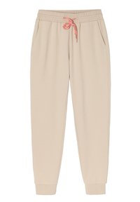 Beiga sweatpants med dragsko i midjan i rosa, med sidofickor och avsmalnande muddar vid anklarna. Slät tygkvalitet med mjuk textur.