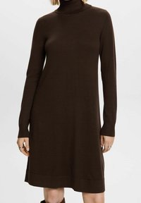 Mörkbrun, ribbad stickad klänning med hög polokrage och långa ärmar, med en avslappnad passform och en lätt utställd fåll.