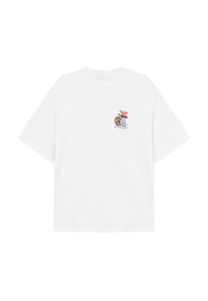 White short-sleeve t-shirt featuring a small colorful graphic of flowers and a basketball with waves, made from cotton fabric.