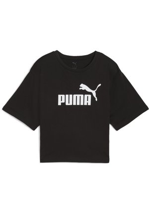 Black cropped T-shirt with short sleeves featuring a white Puma logo and leaping cat emblem centered on the front.