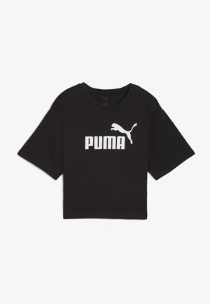 Camiseta negra recortada con mangas cortas que presenta un logotipo blanco de Puma y un emblema de gato saltando centrados en la parte frontal.