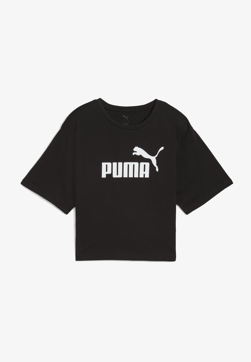 T-shirt noir court à manches courtes avec un logo Puma blanc et un emblème de chat bondissant centrés à l'avant.