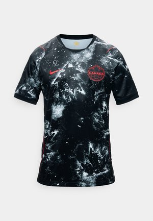 Schwarzes Sporttrikot mit weißen abstrakten Spritzmustern, rotem Kanada-Fußballlogo auf der Brust und rotem Nike-Swoosh auf der rechten Seite.
