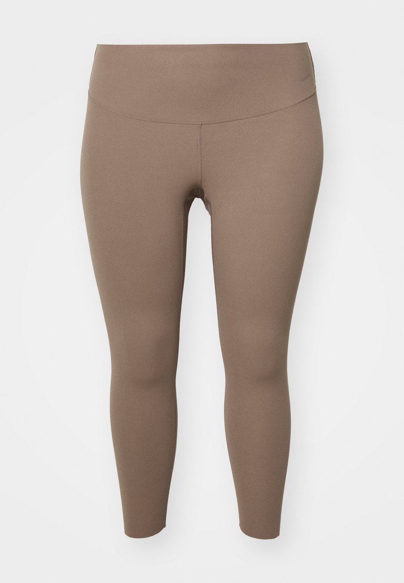 Brune stretchy leggings med høy midje, glatt tekstur og tettsittende design som smalner inn ved anklene; egnet for aktiv bruk.