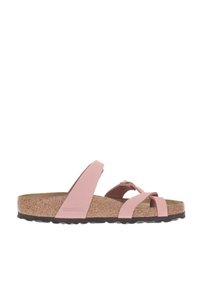 Pink Birkenstock sandals with cork footbed, featuring cross straps and a low, textured rubber sole. Simple design with adjustable buckle.