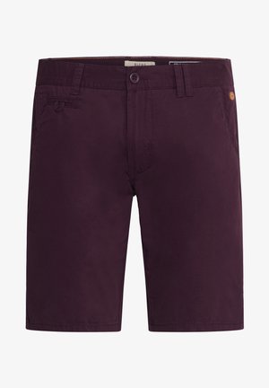 Mørk lilla shorts laget av mykt stoff. Har knappelukking, belteheiser og sidelommer. Enkel design med minimale detaljer.