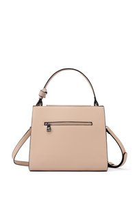 Borsa a mano in pelle crema con forma strutturata, manico superiore, tracolla regolabile e tasca esterna con zip. Presenta un trim nero a contrasto.