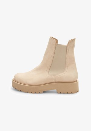 Beige Leder-Ankle-Boot mit elastischen Seitenpanelen, runder Zehenpartie und einer robusten Gummisohle mit strukturiertem Profil.