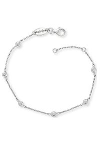 Bracciale in argento con accenti di zirconia cubica rotonda, collegato da una fina catena. Presenta un gancio a moschettone e un'etichetta con logo incisa.