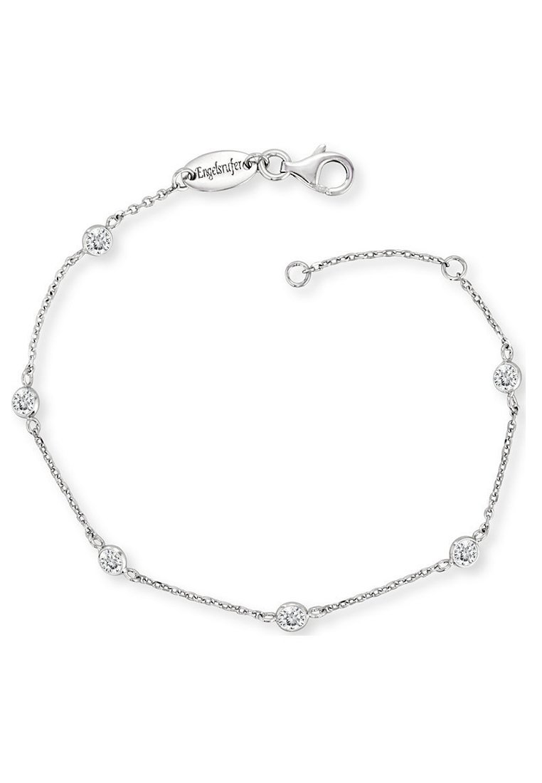 Bracciale in argento con accenti di zirconia cubica rotonda, collegato da una fina catena. Presenta un gancio a moschettone e un'etichetta con logo incisa.