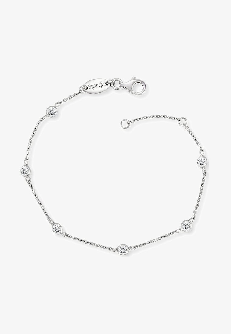 Bracciale in argento con accenti di zirconia cubica rotonda, collegato da una fina catena. Presenta un gancio a moschettone e un'etichetta con logo incisa.