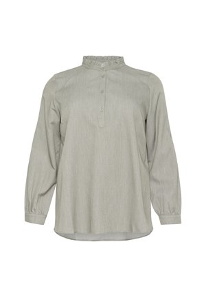 Lys grå langærmet bluse med flæsekrave, knappelukning og samlede manchetter. Blødt tekstureret stof, afslappet pasform, lige kant.