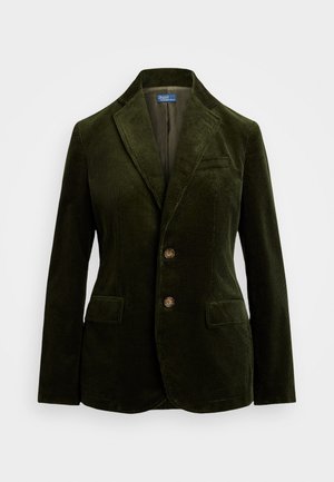 Dunkelgrüner Cord-Blazer mit einem Reverskragen, zwei Knopfverschluss und zwei vorderen Taschen. Strukturierter Stoff mit vertikalen Streifen.