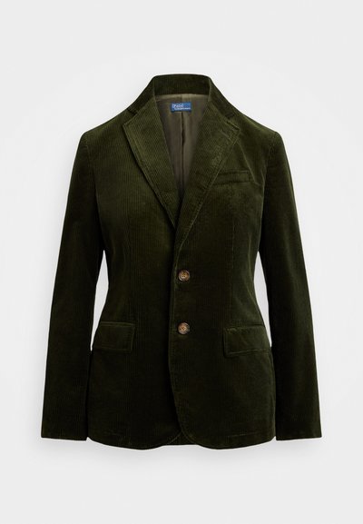 Blazer in corduroy verde scuro con rever a punta, chiusura a due bottoni e due tasche frontali. Tessuto texture con righe verticali.