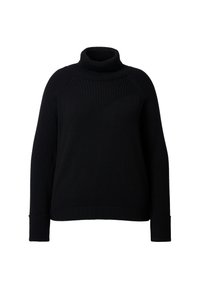 Maglione a collo alto nero con texture a coste, dotato di un collo alto e maniche lunghe. Il design presenta un sottile motivo triangolare sul petto.