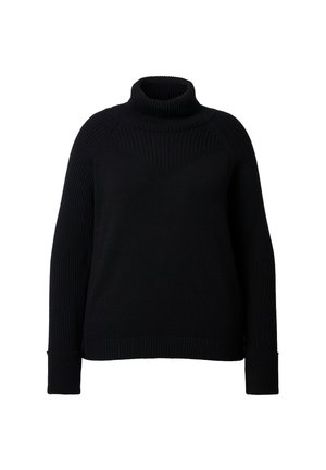 Sort turtleneck sweater med ribbet tekstur, der har en høj krave og lange ærmer. Designet inkluderer et diskret trekantet mønster ved brystet.