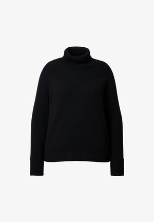 Black turtleneck sweater with ribbed texture, featuring a high collar and long sleeves. The design includes a subtle triangular pattern at the chest.