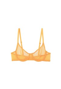 Durchsichtiges gelbes BH mit weichen Cups, verstellbaren Trägern und nahtlosem Design. Leichtgewichtig, mit einer glatten Textur und minimaler Hardware.