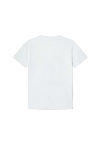 Camiseta de manga corta blanca, fabricada en un suave y liso material de algodón. Diseño clásico de cuello redondo con la parte trasera lisa y sin detalles adicionales.