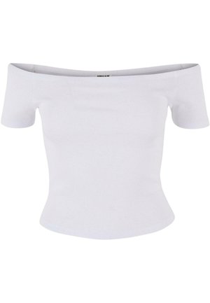 Haut blanc décolleté en tissu côtelé. Design ajusté avec des manches courtes et une légère évasement à l'ourlet. Texture lisse.