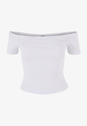 Hvid off-the-shoulder top lavet af ribbet stof. Tætsiddende design med korte ærmer og let udvidelse i kanten. Glat tekstur.