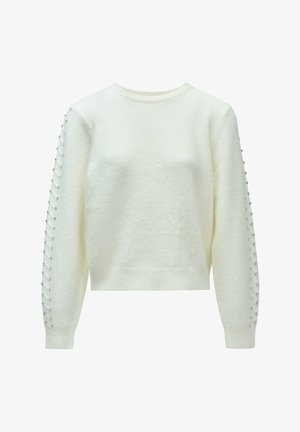 Pull blanc avec un col ras du cou. Présente un tissu texturé et des clous décoratifs le long des manches. Poignets et ourlet côtelés.