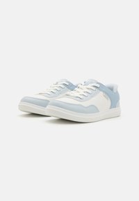Light blue and white sneakers with mesh accents, rounded toe, and textured detailing. Features white laces and a white rubber sole.