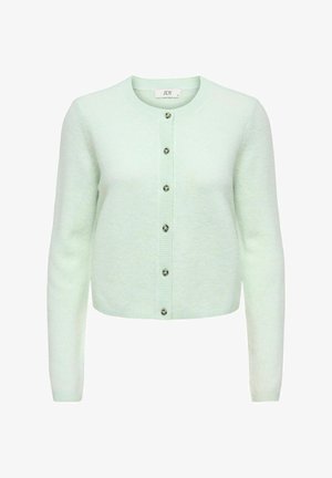 Mintgrön cardigan i mjukt stickat tyg, med rund halsringning, knappstängning och ribbade muddar.