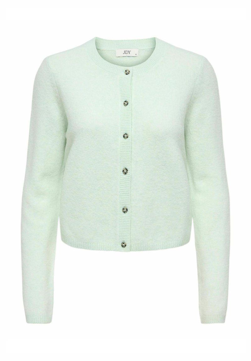 Mátově zelený cardigan vyrobený z měkké pletené látky, s kulatým výstřihem, zapínáním na knoflíky a žebrovanými manžetami.