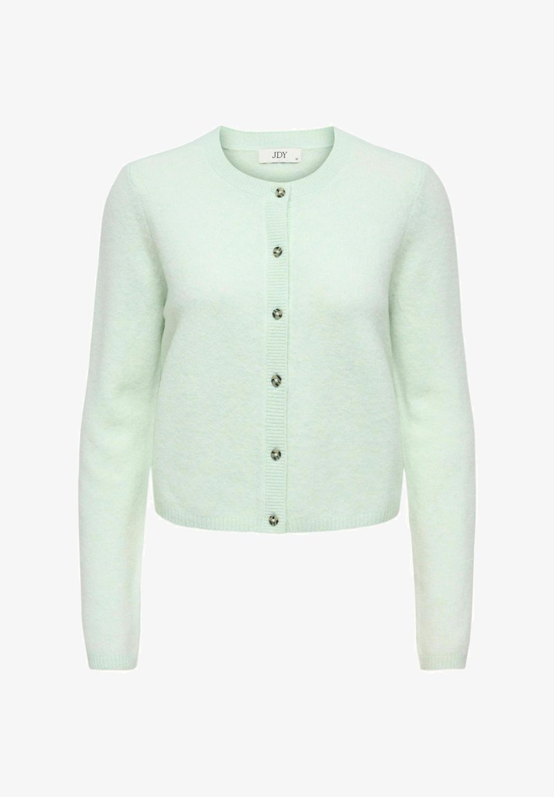 Mintgrön cardigan i mjukt stickat tyg, med rund halsringning, knappstängning och ribbade muddar.