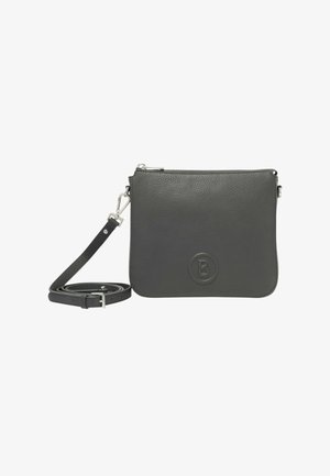 Graue Leder-Umhängetasche mit strukturierter Oberfläche, Reißverschlussverschluss und abnehmbarem Riemen. Vorderseite mit rundem, geprägtem Logo.