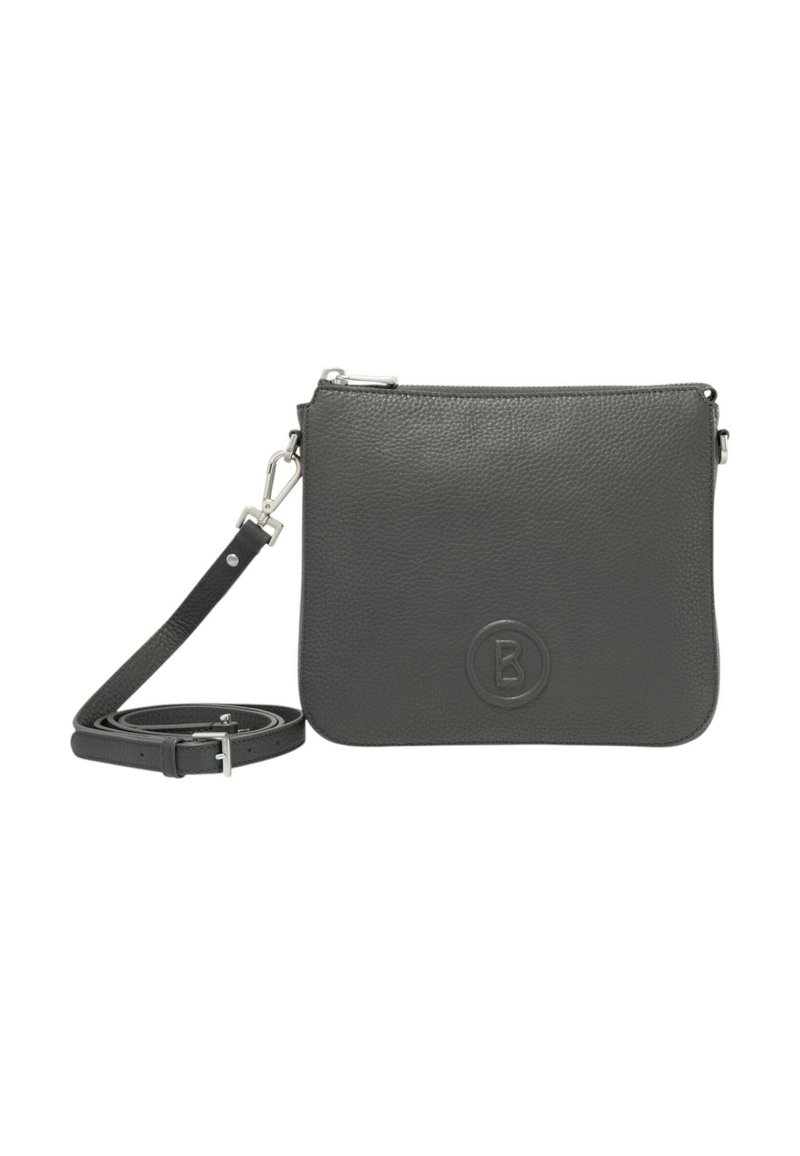Grå läderväska med texturerad yta, blixtlåsförslutning och avtagbar rem. Har en rund präglad logotyp på framsidan.