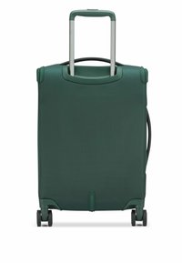Groene harde koffer met een getextureerd oppervlak, uitschuifbare handgreep en vier wielen voor mobiliteit. De achterkant toont geen buitenste zakken.